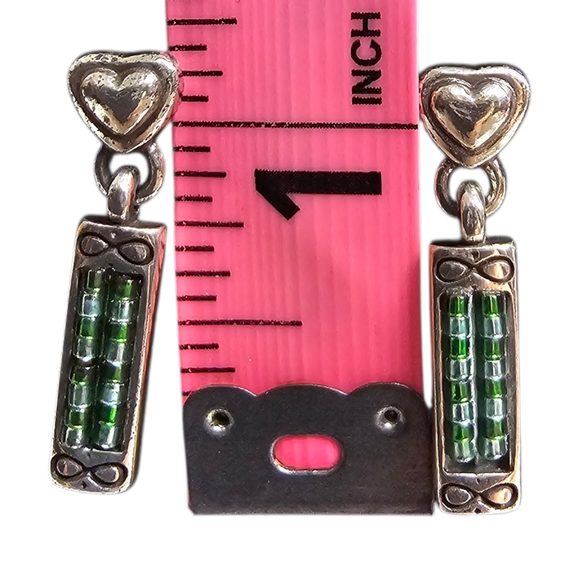 Brighton Silver Green Heart Infinity Beaded Art Deco Dangle Post Earrings - Picture 2 of 5